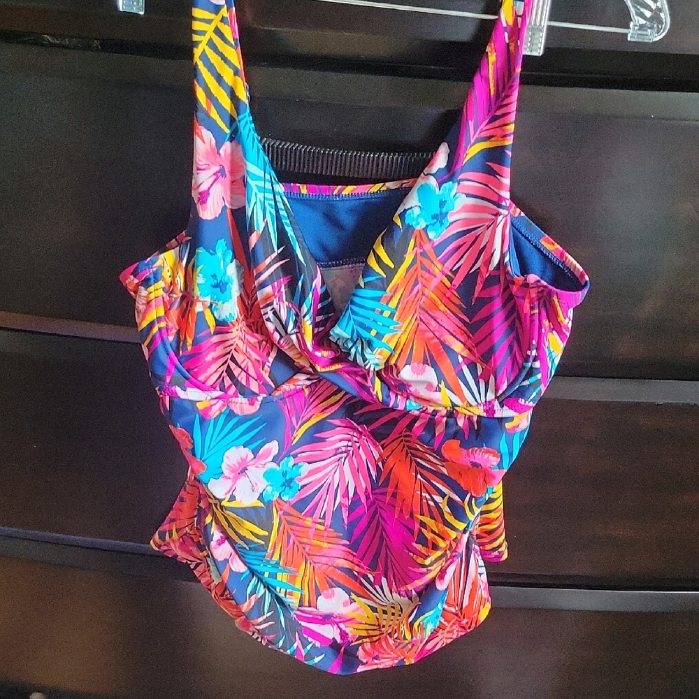 3/$12 Catalina Blue and Pink One Piece Swimsuit Tropical Design